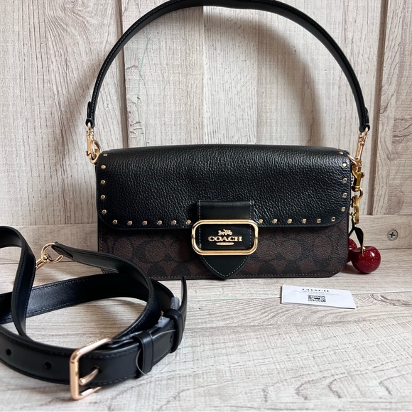 Coach Morgan Shoulder Bag In Colorblock Signature Canvas With Rivets - Picture 8 of 9